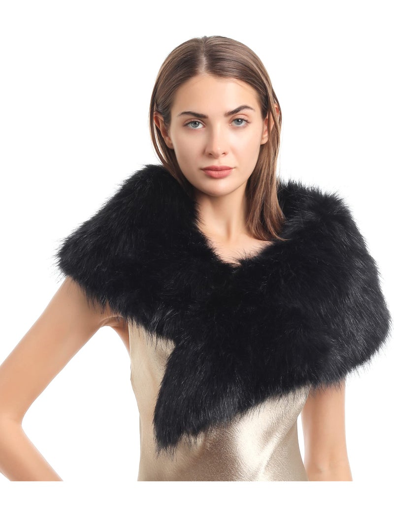 LA CARRIE Women's Faux Fur Collar Scarf Wrap Shawl Cold Winter Warmer(Black,120cm,47.2in) - Image 1